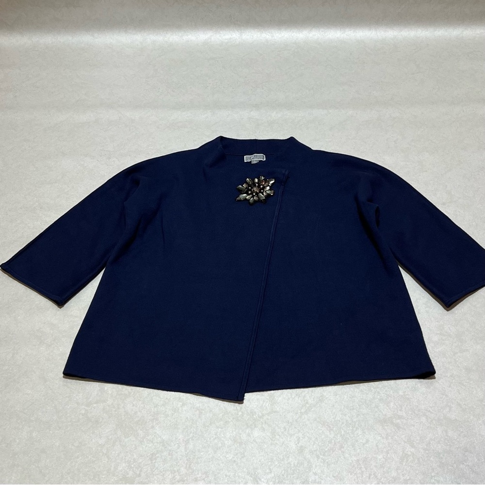 JM Collection Navy Blue Wrap Front Brooch Cardigan, Size Large - Picture 5 of 12